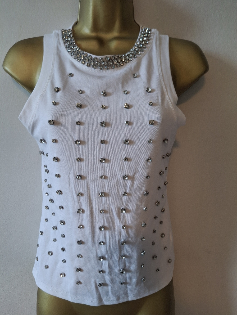 Embellished White Tank Top with Rhinestone Neckline